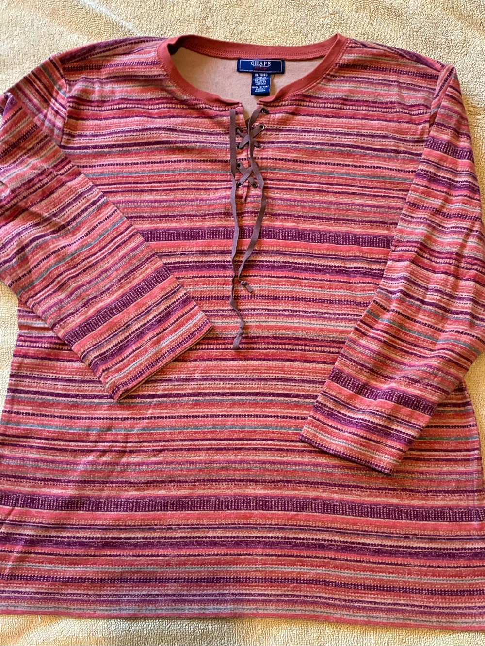 Chaps Striped Lace-Up Long Sleeve Top in fall colors, western style.